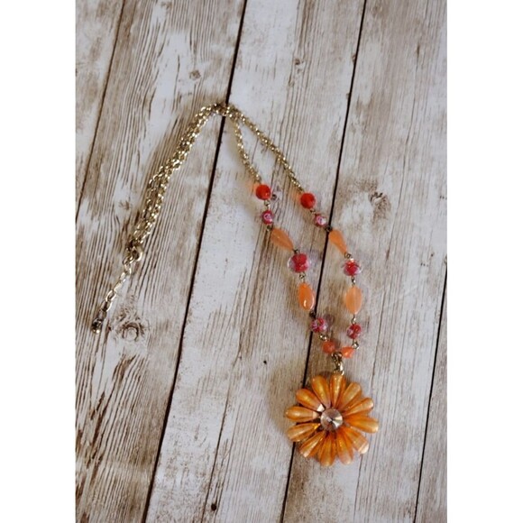 VTG Daisy Necklace Pendant Faceted Beads Rhinestone Estate Orange Red Gold Tone - Picture 1 of 7